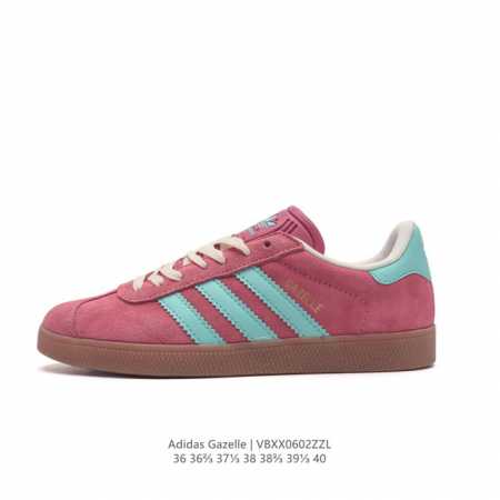 阿迪达斯 Adidas 中性三叶草gazelle系列休闲鞋女经典运动鞋 德训鞋。鞋身柔软皮革材质和简单百搭的特点，让 Gazelle 一直活跃在街头。T字鞋头、 - 点击图像关闭