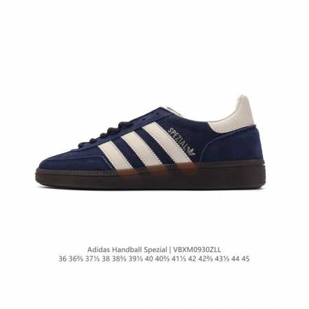 阿迪达斯 Adidas Handball Spezial 低帮三叶草学院风复古休闲板鞋 德训鞋 橡胶底柔软皮革经典运动鞋板鞋。圆头、缝合拼接设计、正面绑带、鞋舌 - 点击图像关闭