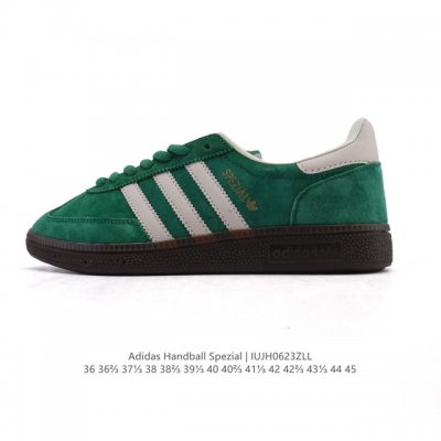 公司级 阿迪达斯 Adidas Handball Spezial 低帮三叶草学院风复古休闲板鞋 德训鞋 橡胶底柔软皮革经典运动鞋板鞋。圆头、缝合拼接设计、正面绑
