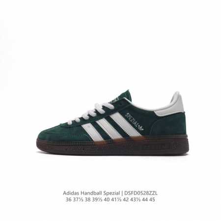 阿迪达斯 Adidas Handball Spezial 三叶草学院风复古休闲板鞋 德训鞋 橡胶底柔软皮革经典运动鞋板鞋。圆头、缝合拼接设计、正面绑带、鞋舌部位 - 点击图像关闭