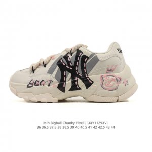 公司级 韩国Mlb 男女复古老爹 Mlb Bigball Chunky pixel 复古印花 解构绑带 双鞋带 男女厚底增高纽约洋基队老爹运动休闲跑步鞋 ，Ml