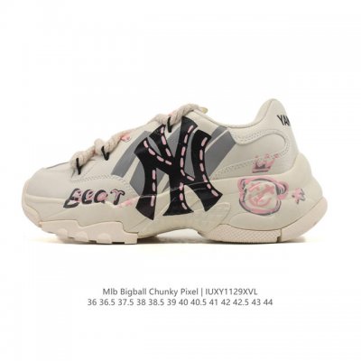 公司级 韩国Mlb 男女复古老爹 Mlb Bigball Chunky pixel 复古印花 解构绑带 双鞋带 男女厚底增高纽约洋基队老爹运动休闲跑步鞋 ，Ml