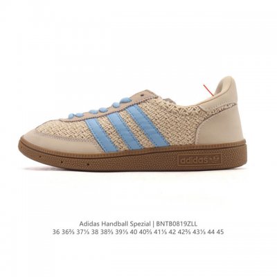阿迪达斯 Adidas Handball Spezial 低帮三叶草学院风复古休闲板鞋 德训鞋 橡胶底柔软皮革经典运动鞋板鞋。圆头、缝合拼接设计、正面绑带、鞋舌