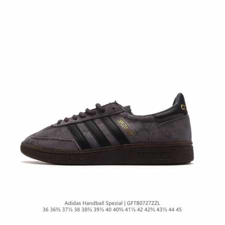 真标 阿迪达斯 Adidas Handball Spezial 低帮三叶草学院风复古休闲板鞋 德训鞋 橡胶底柔软皮革鞋面 经典运动鞋板鞋。圆头、缝合拼接设计、正 - 点击图像关闭