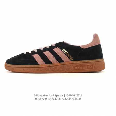 阿迪达斯 Adidas Handball Spezial 低帮三叶草学院风复古休闲板鞋 德训鞋 橡胶底柔软皮革经典运动鞋板鞋。圆头、缝合拼接设计、正面绑带、鞋舌 - 点击图像关闭