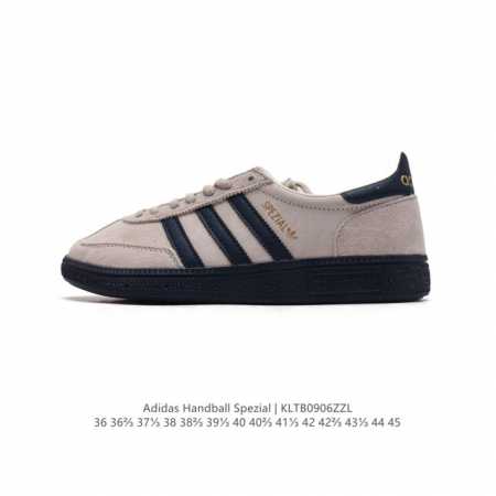 阿迪达斯 Adidas Handball Spezial 低帮三叶草学院风复古休闲板鞋 德训鞋 橡胶底柔软皮革经典运动鞋板鞋。圆头、缝合拼接设计、正面绑带、鞋舌 - 点击图像关闭