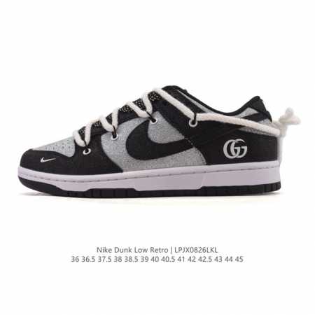 耐克 Nike Dunk Low Retro 运动鞋复古板鞋 解构绑带 双鞋带。作为 80 年代经典篮球鞋款，起初专为硬木球场打造，后来成为席卷街头的时尚标杆， - 点击图像关闭