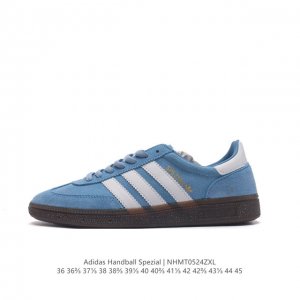 阿迪达斯 Adidas Handball Spezial 三叶草学院风复古休闲板鞋 德训鞋 橡胶底柔软皮革经典运动鞋板鞋。圆头、缝合拼接设计、正面绑带、鞋舌部位