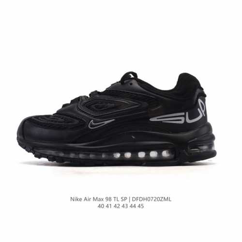 新品公司级 耐克 Nike X Supreme Air Max 98 Tl 运动鞋 低帮经典复古百搭休闲运动气垫慢跑鞋,黑色、圆头、正面系带、Logo印花鞋舌、