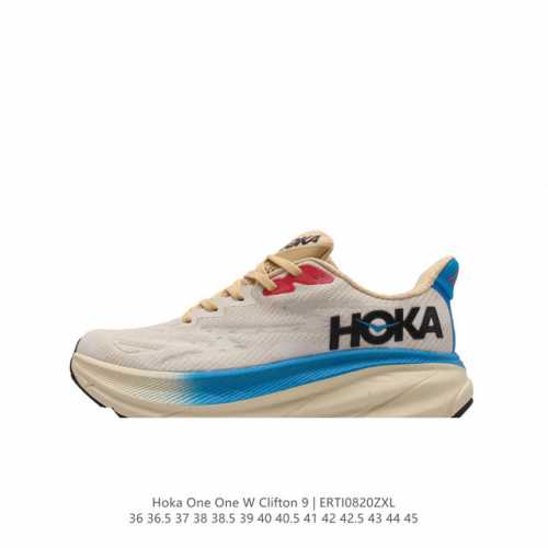 潮牌媒体 Hoka One One 推出升级 Clifton 9 克利夫顿9代 男女士休闲跑步鞋轻量缓震运动鞋。此次，Clifton 9 厚了也轻了。非凡脚感，