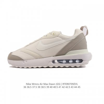 耐克 Nike Air Max Dawn 黎明系列 低帮气垫百搭休闲运动慢跑鞋，从配色上彰显出浓厚的复古气质。最大的亮点当属鞋型设计上加入结构元素，汲取1984