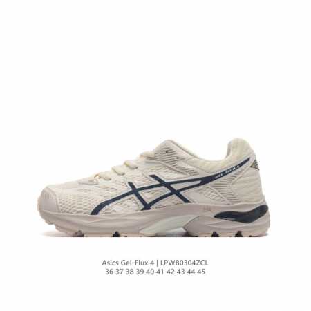 Asics 亚瑟士 Gel-Flux 4 男女子运动鞋舒适跑鞋缓震透气跑步鞋 。Gel-Flux4采用的是新一代轻质网布面，大孔洞设计极具透气性，柔软包覆双脚， - 点击图像关闭