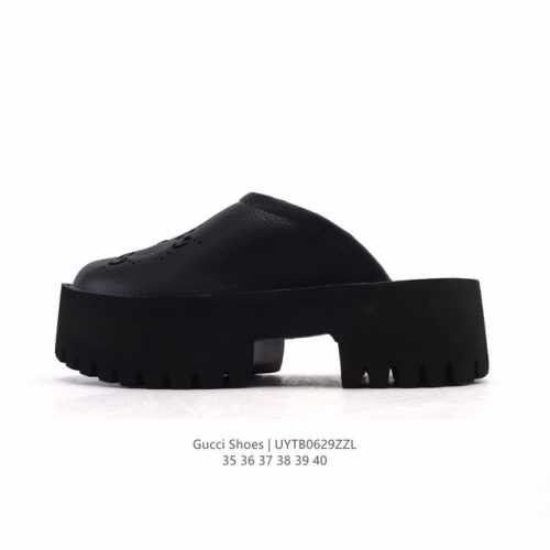 Gucci 古驰 2025夏最新包头拖鞋 女士高跟鞋 方跟 粗跟 时尚潮流百搭女士拖鞋 双G老花一字拖 厚底增高女士凉拖鞋 沙滩鞋休闲舒适拖鞋。 尺码：35-4