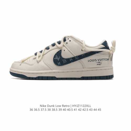 公司级 耐克 Nike Dunk Low Retro 运动鞋复古解构绑带板鞋 双鞋带 路易威登联名。作为 80 年代经典篮球鞋款，起初专为硬木球场打造，后来成为