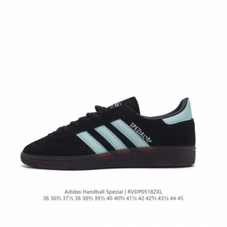 阿迪达斯 Adidas Handball Spezial 三叶草学院风复古休闲板鞋 德训鞋 橡胶底柔软皮革经典运动鞋板鞋。圆头、缝合拼接设计、正面绑带、鞋舌部位 - 点击图像关闭