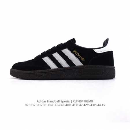 阿迪达斯 Adidas Handball Spezial 低帮三叶草学院风复古休闲板鞋 德训鞋 橡胶底柔软皮革经典运动鞋板鞋。圆头、缝合拼接设计、正面绑带、鞋舌 - 点击图像关闭