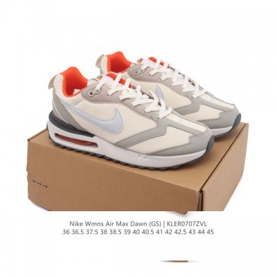 耐克 Nike Air Max Dawn 黎明系列 低帮气垫百搭休闲运动慢跑鞋，从配色上彰显出浓厚的复古气质。最大的亮点当属鞋型设计上加入结构元素，汲取1984