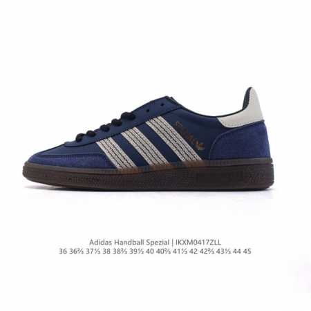 阿迪达斯 Adidas Handball Spezial 低帮三叶草学院风复古休闲板鞋 德训鞋 橡胶底柔软皮革经典运动鞋板鞋。圆头、缝合拼接设计、正面绑带、鞋舌 - 点击图像关闭