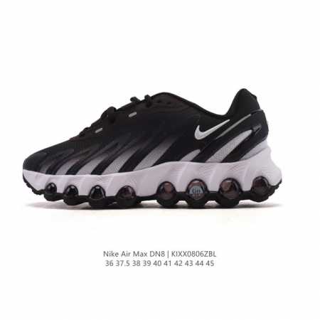 耐克 Nike Air Max Dn8 全掌气垫科技运动跑步鞋Fq7860-005。鞋款采用醒目渐变织物和动态波浪状结构鞋面，搭配黑色中底和外底，以及迷你黑色 - 点击图像关闭