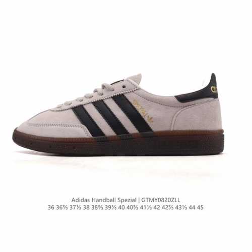 阿迪达斯 Adidas Handball Spezial 低帮三叶草学院风复古休闲板鞋 德训鞋 橡胶底柔软皮革经典运动鞋板鞋。圆头、缝合拼接设计、正面绑带、鞋舌