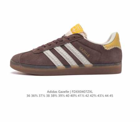 阿迪达斯 Adidas 中性三叶草gazelle系列休闲鞋男女经典运动鞋 德训鞋。鞋身柔软皮革材质和简单百搭的特点，让 Gazelle 一直活跃在街头。T字鞋头 - 点击图像关闭