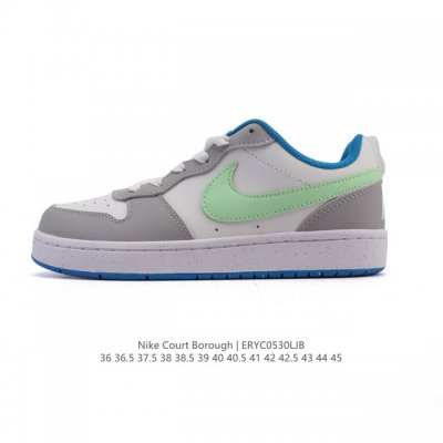 耐克 Nike 男女子运动鞋 Court Borough Low 小空军低帮板鞋。1.其皮革材质的鞋面结合网眼鞋舌，在出众外观与质感的同时提供稳固支撑，并且提升