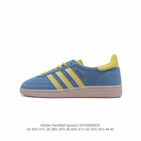阿迪达斯 Adidas Handball Spezial 三叶草学院风复古休闲板鞋 德训鞋 橡胶底柔软皮革经典运动鞋板鞋。圆头、缝合拼接设计、正面绑带、鞋舌部位 - 点击图像关闭