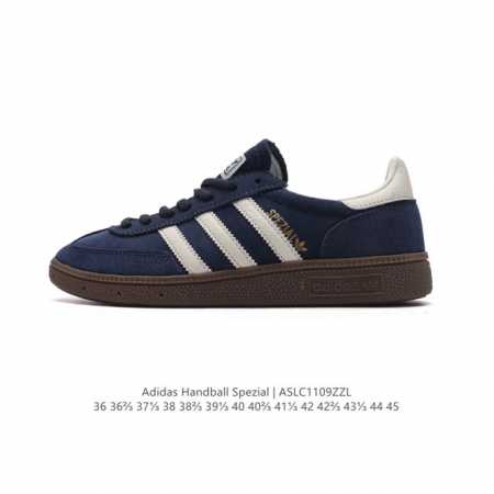 阿迪达斯 Adidas HANDBALL SPEZIAL 低帮三叶草学院风复古休闲板鞋 德训鞋 橡胶底柔软皮革鞋面 经典运动鞋板鞋。圆头、缝合拼接设计、正面绑带 - 点击图像关闭