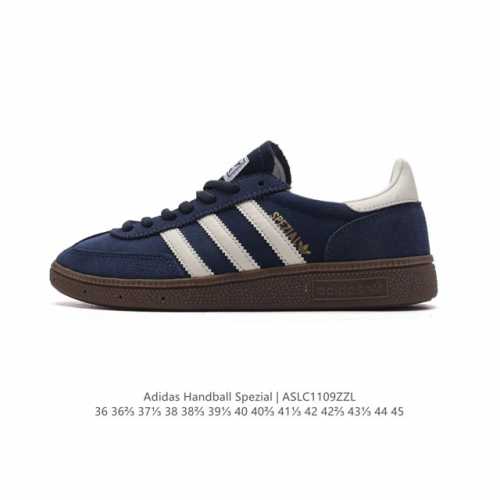 阿迪达斯 Adidas HANDBALL SPEZIAL 低帮三叶草学院风复古休闲板鞋 德训鞋 橡胶底柔软皮革鞋面 经典运动鞋板鞋。圆头、缝合拼接设计、正面绑带