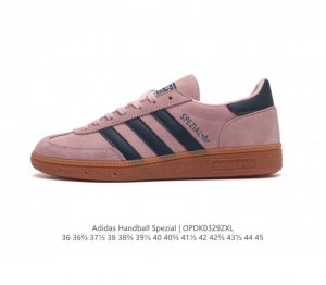 阿迪达斯 Adidas Handball Spezial 三叶草学院风复古休闲板鞋 德训鞋 橡胶底柔软皮革经典运动鞋男士鞋 圆头 缝合拼接设计 正面绑带 鞋舌部