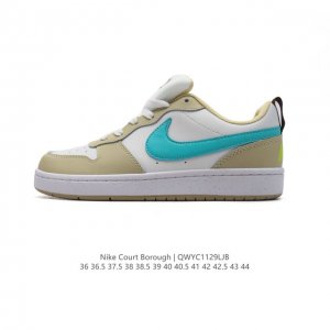 耐克 Nike 男女子运动鞋 Court Borough Low 小空军低帮板鞋。1.其皮革材质的鞋面结合网眼鞋舌，在出众外观与质感的同时提供稳固支撑，并且提升