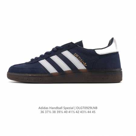 阿迪达斯 Adidas Handball Spezial 低帮三叶草学院风复古休闲板鞋 德训鞋 橡胶底柔软皮革经典运动鞋板鞋。圆头、缝合拼接设计、正面绑带、鞋舌 - 点击图像关闭