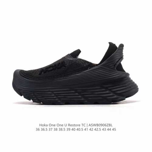 公司级 Hoka One One Restore 弹性舒适减震防滑 低帮 涉溪鞋 休闲跑步鞋 男女同款 一脚蹬 厚底增高运动跑步鞋。简评一下：1.做工：很细致，