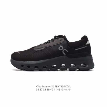 On昂跑丨Cloudrunner 2 运动跑步鞋 厚底增高老爹鞋。延续加宽中底设计，结合后跟 Tpu 贴片，再怎么变速，都紧跟脚步。宽厚鞋底，托住每一步、平稳落 - 点击图像关闭