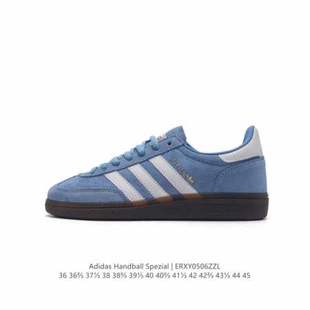 阿迪达斯 Adidas Handball Spezial 三叶草学院风复古休闲板鞋 德训鞋 橡胶底柔软皮革经典运动鞋板鞋。圆头、缝合拼接设计、正面绑带、鞋舌部位 - 点击图像关闭