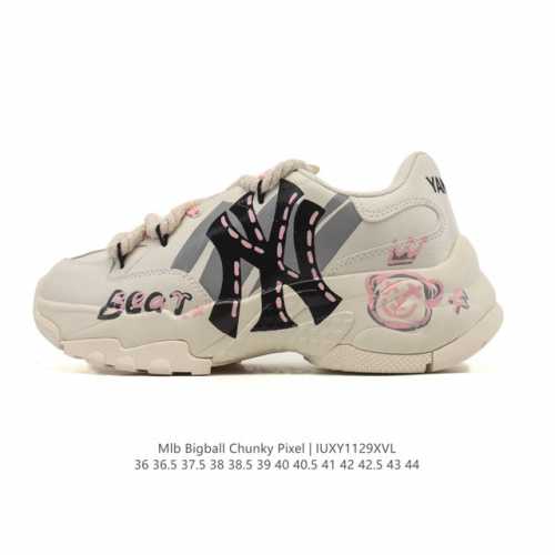 公司级 韩国Mlb 男女复古老爹 Mlb Bigball Chunky pixel 复古印花 解构绑带 双鞋带 男女厚底增高纽约洋基队老爹运动休闲跑步鞋 ，Ml