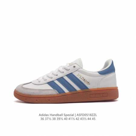 阿迪达斯 Adidas Handball Spezial 三叶草学院风复古休闲板鞋 德训鞋 橡胶底柔软皮革经典运动鞋板鞋。圆头、缝合拼接设计、正面绑带、鞋舌部位 - 点击图像关闭