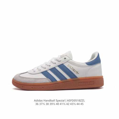 阿迪达斯 Adidas Handball Spezial 三叶草学院风复古休闲板鞋 德训鞋 橡胶底柔软皮革经典运动鞋板鞋。圆头、缝合拼接设计、正面绑带、鞋舌部位