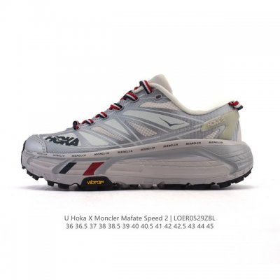 公司级 Hoka One One X Moncler 厚底增高老爹鞋，越野跑鞋中的奢侈品 产品以白色和银灰色为主色调，这个配色和以往 Hoka One One