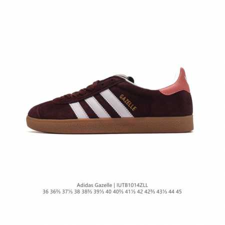 阿迪达斯 Adidas 三叶草gazelle系列休闲鞋男女经典运动鞋，鞋身特殊的猪八皮革材质和简单百搭的特点，让 Gazelle 一直活跃在街头。T字鞋头、压模 - 点击图像关闭