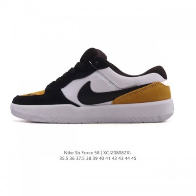 耐克Nike Sb Force 58 运动滑板鞋。这是一款将前沿创新带入街头的单品，它具有硫化杯底，具有出色的耐用性和灵活性。使用柔软皮革拼接，在饰面上放置通风