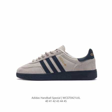 阿迪达斯 Adidas Handball Spezial 三叶草学院风复古休闲板鞋 德训鞋 橡胶底柔软皮革经典运动鞋男士板鞋。圆头、缝合拼接设计、正面绑带、鞋舌 - 点击图像关闭