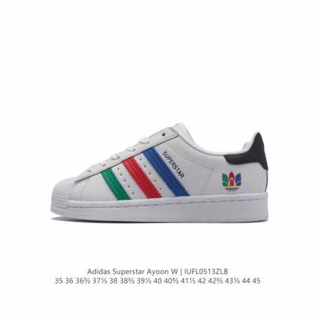 阿迪达斯 Adidas Superstar Ayoon W 三叶草运动鞋经典贝壳头板鞋 时尚女鞋 。真皮鞋面材质 标志性的贝壳鞋头，锯齿三条纹，简约的线条。就连 - 点击图像关闭