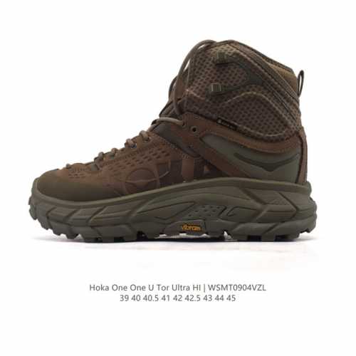纯原Hoka One One Tor Ultra High 托亚 织物皮革 潮流舒适 防滑耐磨防水包裹性 高帮 户外功能鞋，鞋面采用舒适面料 带来良好的穿着体验