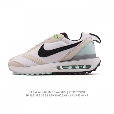 耐克 Nike Air Max Dawn 黎明系列 低帮气垫百搭休闲运动慢跑鞋，从配色上彰显出浓厚的复古气质。最大的亮点当属鞋型设计上加入结构元素，汲取1984