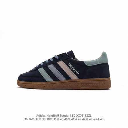 真标 阿迪达斯 Adidas Handball Spezial 低帮三叶草学院风复古休闲板鞋 德训鞋 橡胶底柔软皮革经典运动鞋板鞋。圆头、缝合拼接设计、正面绑带 - 点击图像关闭