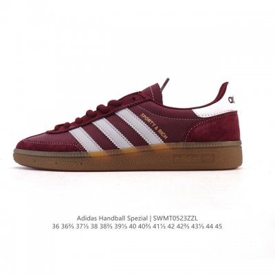阿迪达斯 Adidas Handball Spezial 低帮三叶草学院风复古休闲板鞋 德训鞋 橡胶底柔软皮革经典运动鞋板鞋 圆头 缝合拼接设计 正面绑带 鞋舌
