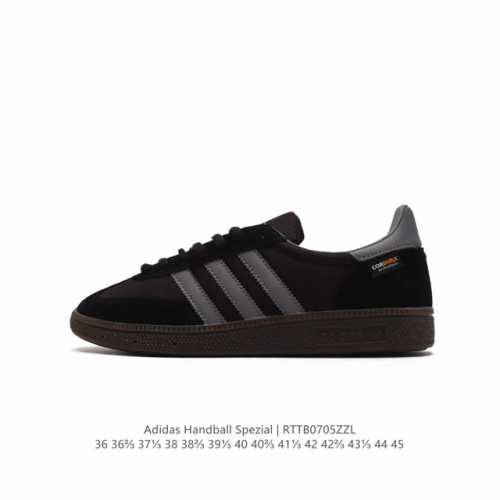 阿迪达斯 Adidas HANDBALL SPEZIAL 低帮三叶草学院风复古休闲板鞋 德训鞋 橡胶底柔软皮革经典运动鞋板鞋。圆头、缝合拼接设计、正面绑带、鞋舌