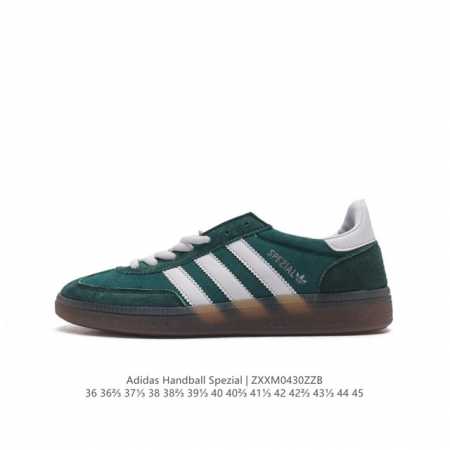 阿迪达斯 Adidas Handball Spezial 三叶草学院风复古休闲板鞋 德训鞋 橡胶底柔软皮革经典运动鞋板鞋。圆头、缝合拼接设计、正面绑带、鞋舌部位 - 点击图像关闭