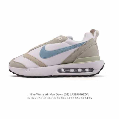 耐克 Nike Air Max Dawn 黎明系列 低帮气垫百搭休闲运动慢跑鞋，从配色上彰显出浓厚的复古气质。最大的亮点当属鞋型设计上加入结构元素，汲取1984